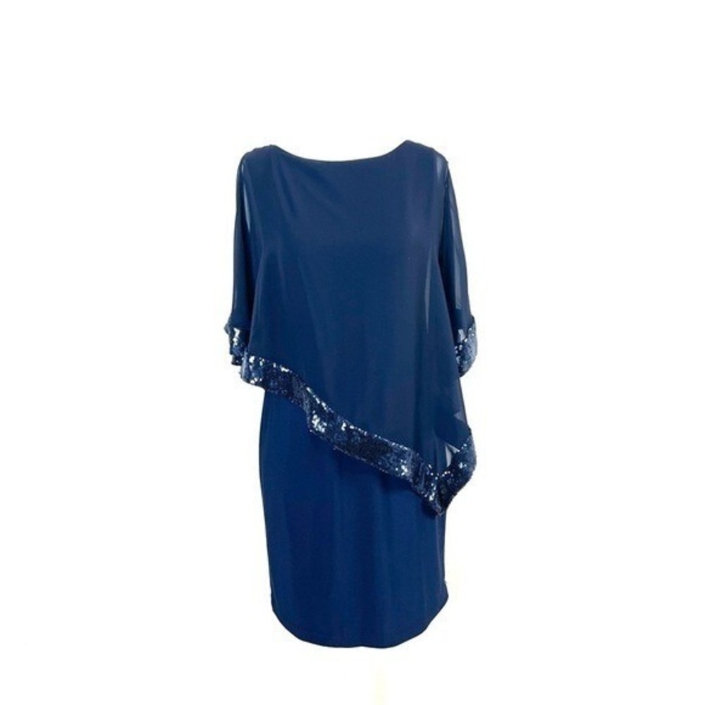 Xscape Blue Asymmetric Sheer Sequin Trim Overlay Sheath Dress Knee Size 2 Petite